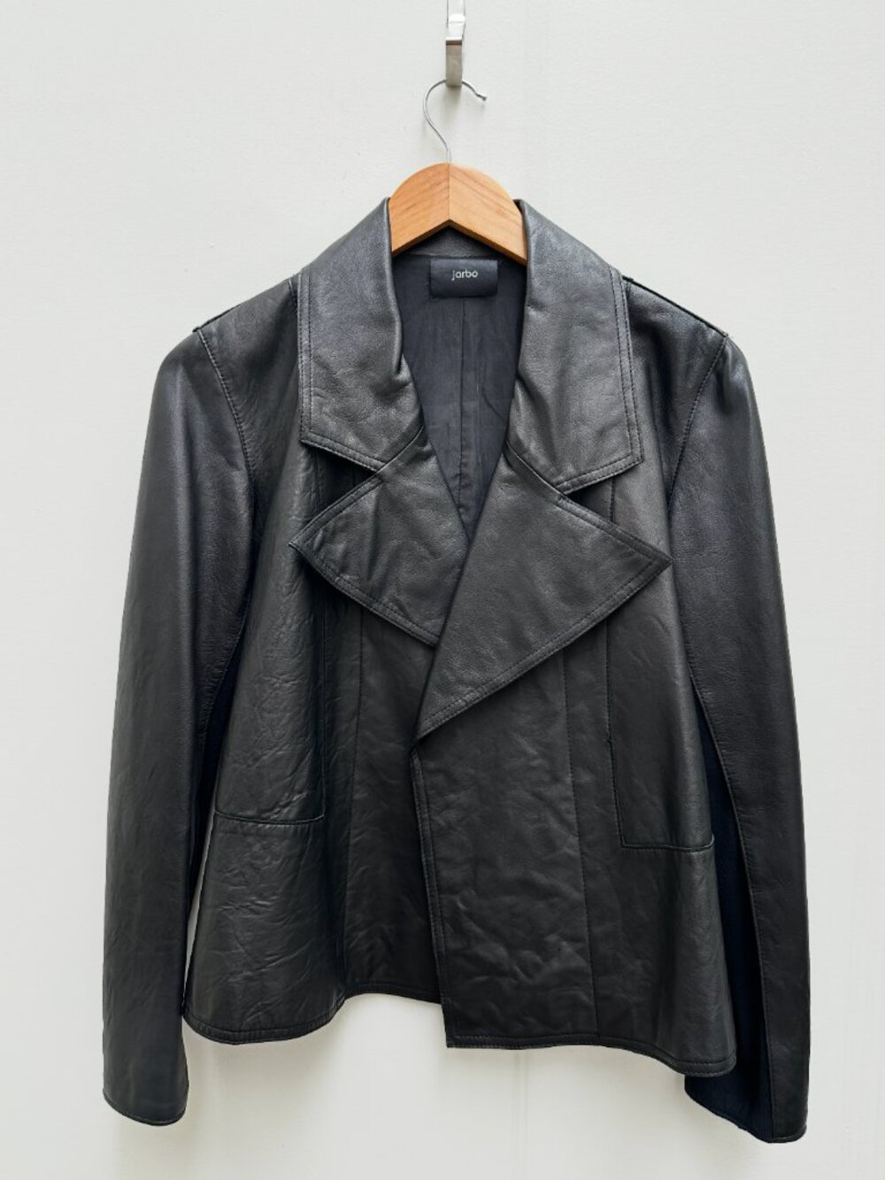 Jarbo Black Butter Soft Leather Jacket | Open Front Draped Collar | Size S